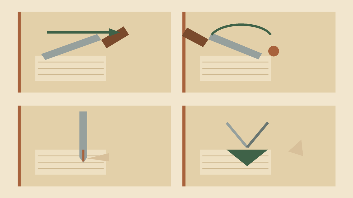 Four small diagrams showing knife and block positions for the basic carving strokes