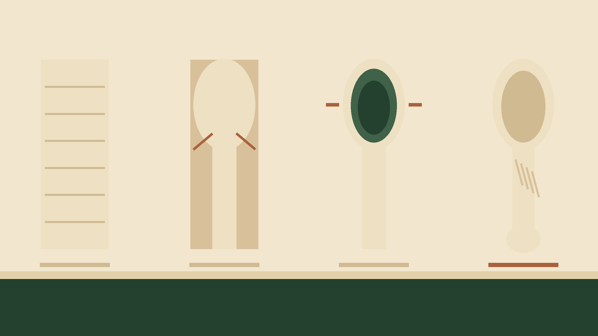 Four stages of a spoon: blank, roughed outline, hollowed bowl and finished spoon